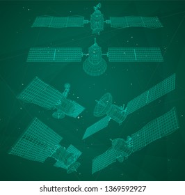 vector set. communications satellite of near-earth orbit. space technology of the future.