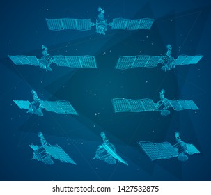 vector set. communications satellite of near-earth orbit. space technology of the future.