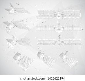 vector set. communications satellite of near-earth orbit. space technology of the future.