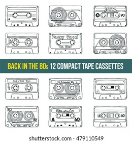 Vector set of compact tape cassettes. Web graphics, banners, advertisements, stickers, labels, business templates, t-shirt. Isolated on a white background