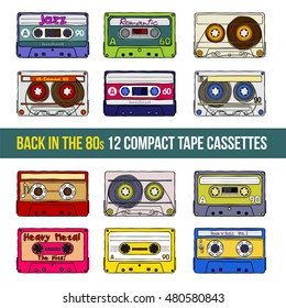 Vector set of compact tape cassettes. Web graphics, banners, advertisements, stickers, labels, business templates, t-shirt. Isolated on a white background