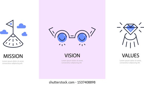Vector set of company culture icons. logos. Mission. Vision. Values. Web page template. Linear concept with hill and flag,  glasses, diamond.