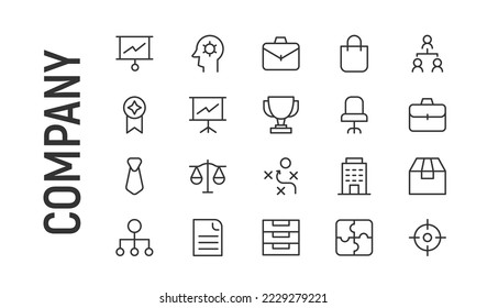 Vector set of company thin line icons. Design of 20 stroke pictograms. Signs of company isolated on a white background.