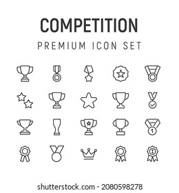 Vector set of competition thin line icons. Design of 20 stroke pictograms. Signs of competition isolated on a white background.