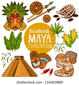 Vector set of composed temple and ornamental masks of Maya civilization with cacao and weapon on white background