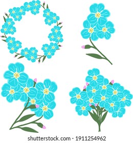  vector set of compositions of flowers and forget me not buds:the inscription Spring, an inflorescence of forget-me-not buds, a small bouquet, cartoon baskets with flowers,frames.Stock illustration