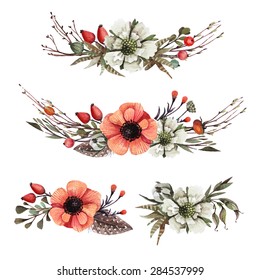 Vector set of compositions of flowers in watercolor style. Poppy, feathers, twigs and berries in watercolor style. Beautiful floral composition for greeting cards, invitations, notebooks and other.