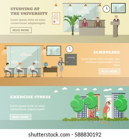 Vector set of compulsory and higher education concept horizontal banners. Studying at the university, schooling, exercise stress design elements in flat style.