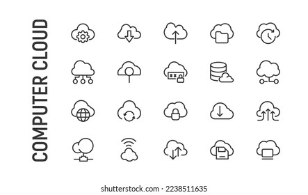 Vector set of computer cloud thin line icons. Design of 20 stroke pictograms. Signs of computer cloud isolated on a white background.