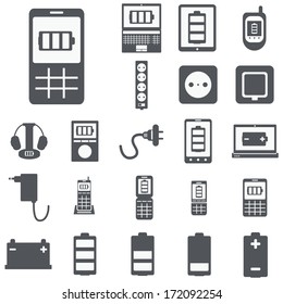 vector set of computer devices charging, battery, indicators, adapters grey on white background isolated