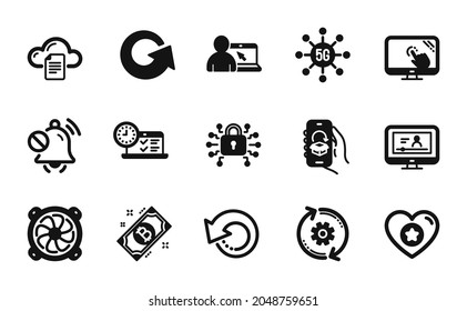 Vector set of Computer fan, Online education and Cogwheel icons simple set. Online video, Touch screen and Mute sound icons. Recovery data, Bitcoin and Security lock signs. Vector