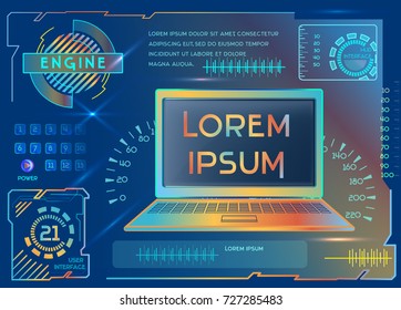 Vector set of computer, futuristic elements. HUD interface, display. Neon glow, toy game style with trendy head up display shapes. Template with copy past space.