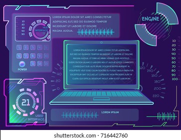 Vector set of computer, futuristic panels. HUD interface, display. Neon glow, toy game style. Template with space for text.