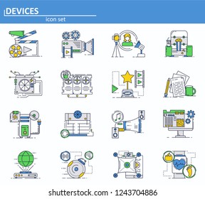 Vector set of computer hardware devces and movie production icons in thin line style. Website UI and mobile web app icon. Outline design illustration