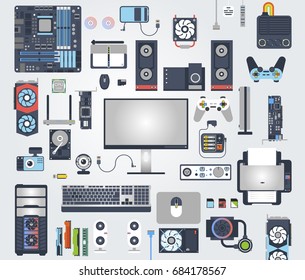 Vector set. Computer  hardware objects on grey background. Modern simple and clean design.