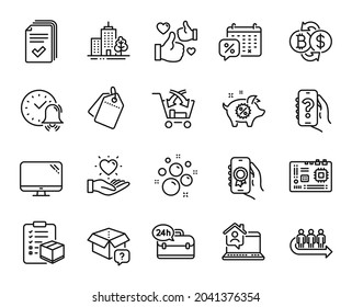 Vector set of Computer, Sale tags and Cross sell line icons set. Queue, Discounts calendar and Handout icons. Hold heart, Work home and Piggy sale signs. Computer web symbol. Vector