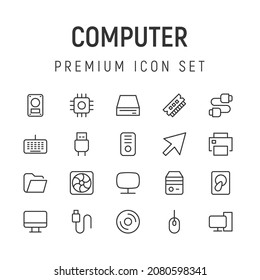 Vector set of computer thin line icons. Design of 20 stroke pictograms. Signs of computer isolated on a white background.