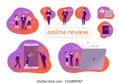 Vector Set Of Concept Design With Online Review. Office People Stand Watching On Mobile Device Screen - Laptop, Tablet, Smartphone. Thumb Up, Stars Line Icons. Landing Page, Mobile App, UI, UX, Site.