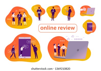 Vector set of concept design with online review. Office people stand watching on mobile device screen - laptop, tablet, smartphone. Thumb up, stars line icons. Landing page, mobile app, UI, UX, site.