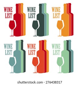 vector set concept design wine list with text, glasses and bottle in different contrast colors