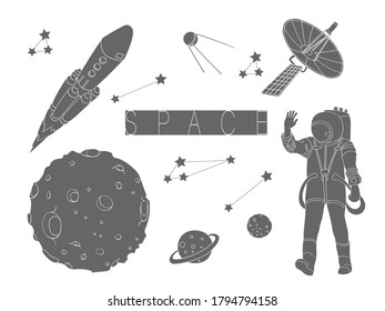 Vector set concept space. Astronaut, space rocket, planet, satellite, stars. Graphic icons for design, blogging, advertising. Simple, flat style, gray.