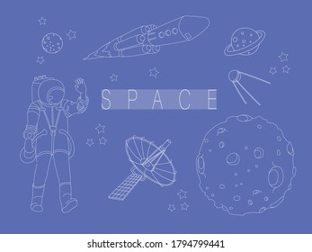 Vector set concept space. Astronaut, space rocket, planet, satellite, stars. Graphic icons for design, blogging, advertising. Simple, flat style, outline, blue.