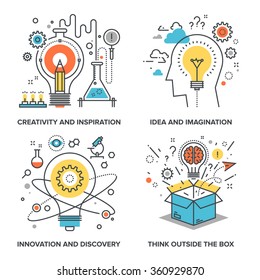 Vector set conceptual flat line illustrations following themes    creativity   inspiration  idea   imagination  innovation   discovery  think outside the box