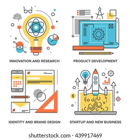 Vector Set Of Conceptual Flat Line Illustrations On Following Themes - Innovation And Research, Product Development, Identity And Brand Design, Startup And New Business