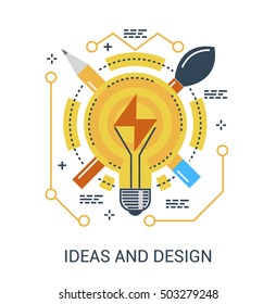 Vector set of conceptual thin line illustrations on following themes - creativity and inspiration, idea and imagination, ideas and design.
