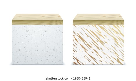 Un conjunto vectorial de hormigón y de mármol con fundas de madera aisladas en un fondo blanco.