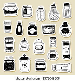 vector set of condiment bottle sketch set. Kitchen useful containers