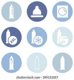Vector Set of Condom Icons. Types of Condoms.