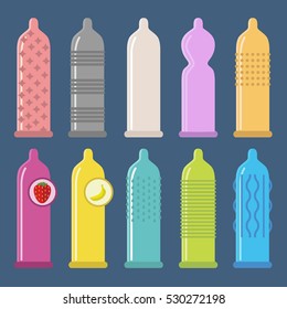 Vector Set of Condom Icons. Types of Condoms