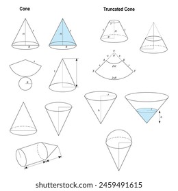 Juego de Vector de Cono y Cono Truncado. Formas geométricas para la educación matemática. Básicas Formas 3d.