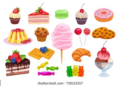 Vector set confectionery and sweets icons. Dessert, lollipop, ice cream with candies, macaron and pudding. Donut and cotton candy, muffin, waffles, biscuits and jelly,