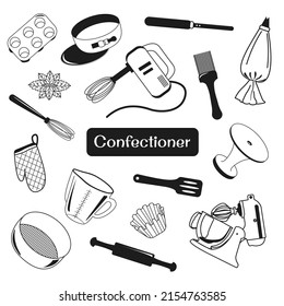 Vector Set Of Confectionery Tools. Illustrations Of Tools For Making Sweets. Pastry Chef Icons