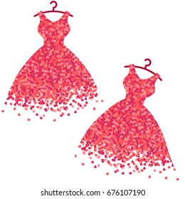 Vector set confetti splash in the shape of a dresses. Valentines Day background congratulation card. Small hearts on a white background in the shape of a dresses.