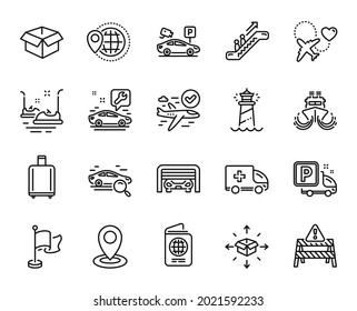 Vector set of Confirmed flight, Lighthouse and Escalator line icons set. Search car, Location and Honeymoon travel icons. Truck parking, World travel and Parking security signs. Vector