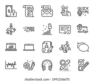 Vector set of Confirmed mail, Work home and Online statistics line icons set. Laptop, Music phone and Quick tips icons. Algorithm, Talk bubble and Private payment signs. Vector