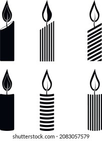 Vector set consisting of stylized burning candles of different shapes.