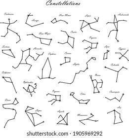 Vector set of constellations. Astrology, astronomy. Mystical symbols. Andromeda, Cepheus, Hercules, Orion, Cassiopeia