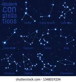 vector set of constellations. bright stars and lines on a starry sky. realistic image of celestial bodies. Cancer, Canes Venatici, Canis Major, Canis Minor, Capricornus, Carina, Cassiopeia, Centaurus,