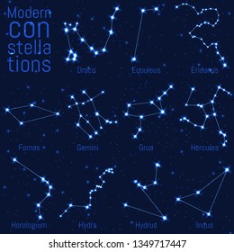 vector set of constellations. bright stars and lines on a starry sky. realistic image of celestial bodies. Draco, Equuleus, Eridanus, Fornax, Gemini, Grus, Hercules, Horologium, Hydra, Hydrus, Indus