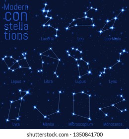 vector set of constellations. bright stars and lines on a starry sky. realistic image of celestial bodies. Lacerta, Leo, Leo Minor, Lepus, Libra, Lupus, Lynx, Lyra, Mensa, Microscopium, Monoceros