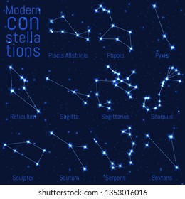 vector set of constellations. bright stars and lines on starry sky. realistic image of celestial bodies. Piscis Austrinis, Reticulum, Sagitta, Sagittarius, Scorpius, Sculptor, Scutum, Serpens,