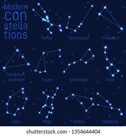 vector set of constellations. bright stars on starry sky. realistic image of celestial bodies. Taurus, Triangulum, Triangulum Australe, Tucana, Ursa Major, Ursa Minor, Vela, Virgo, Volans, Vulpecula