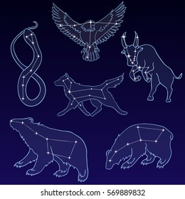 vector set of constellations with illustrations of their characters. Ursa Major, Ursa Minor, Taurus, Canis Major, constellation of the eagle and snake in the night sky. Stars. constellations scheme