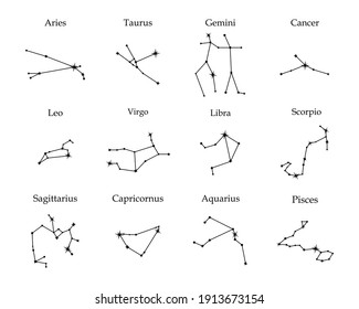 Vector set constellations of the signs of the zodiac. Astrology, astronomy. Mystical symbols.