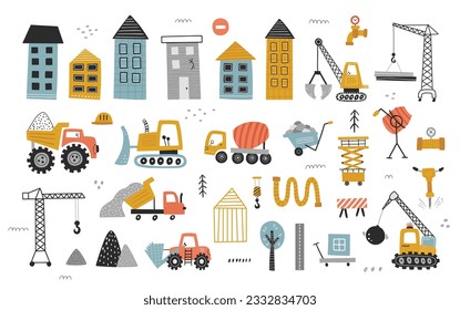 vector set of construction area elements, european style hand drawn buildings excavators cranes, clipart collection for kids