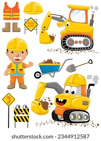 Vector set of construction element cartoon with funny worker